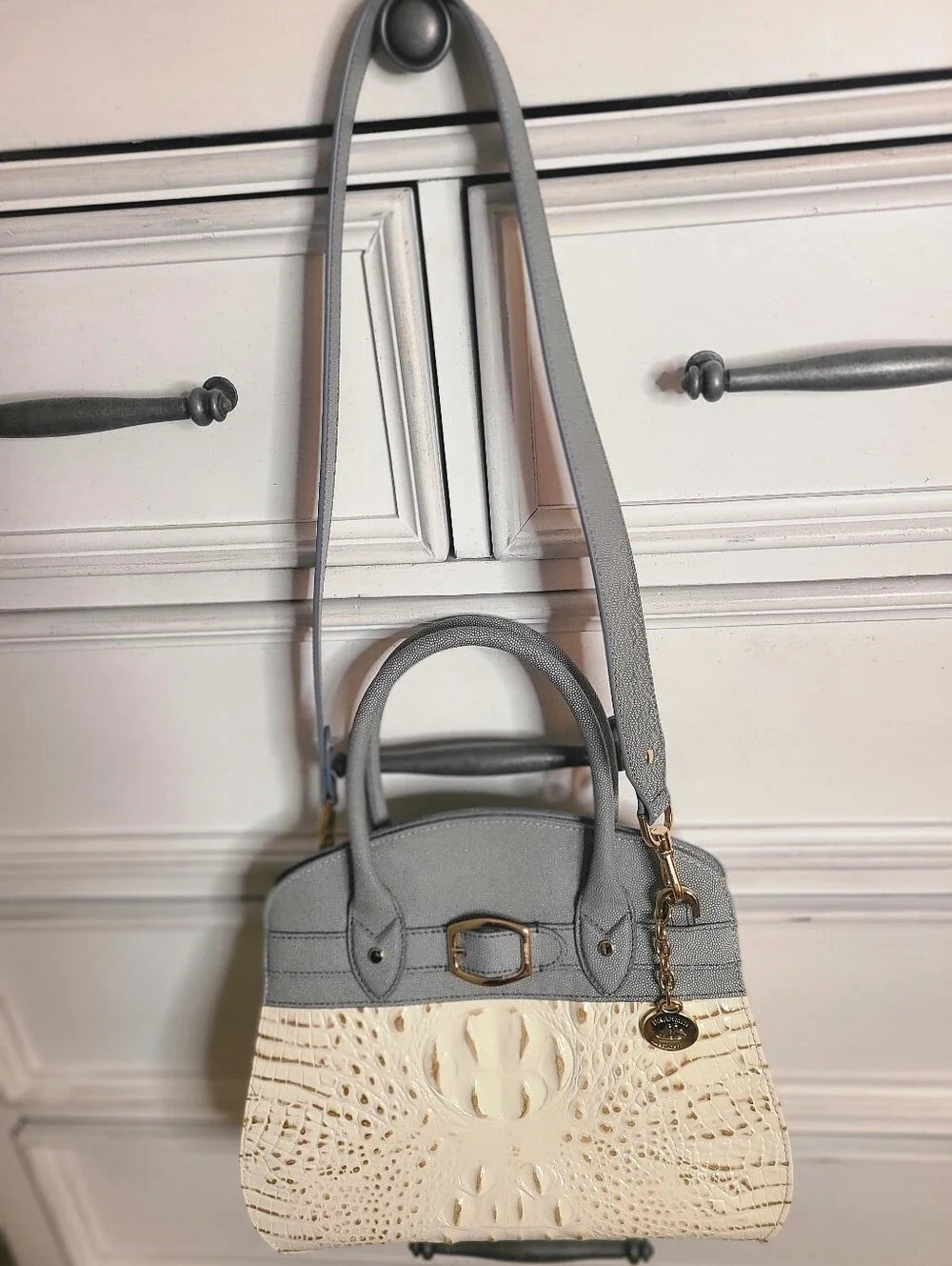 BRAHMIN-Gray and Cream Croc-Geniune Leather Satchel with Gold Accent